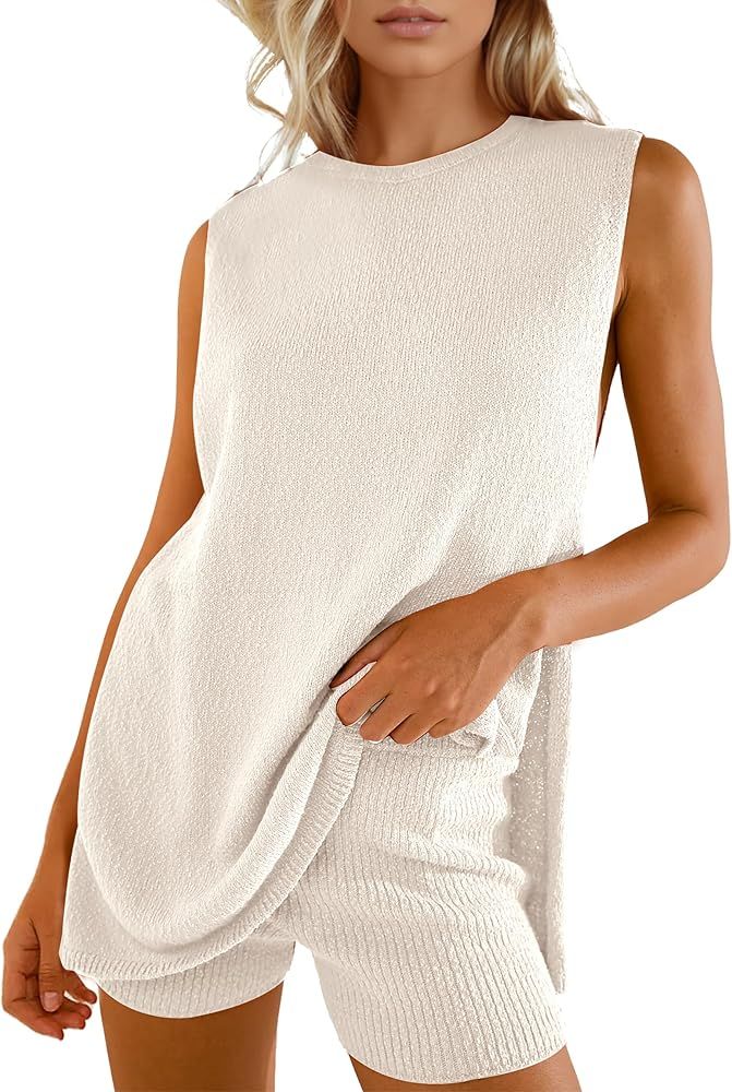 SeekMe Womens Summer Knit Sweater Set Sleeveless Tunic Top Matching Shorts 2 Piece Outfits Trendy... | Amazon (US)