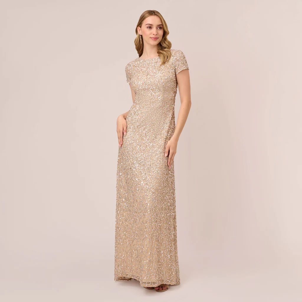 Scoop Back Sequin Gown In Champagne | Adrianna Papell