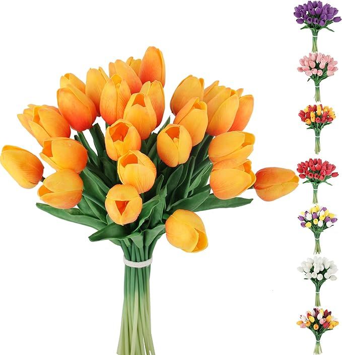 30pcs Artificial Tulips Flowers Fake Latex Tulip Stems - Real Touch Faux Orange Tulips Flower for... | Amazon (US)