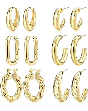 Gold Hoop Earrings Set for Women, 14K Gold Plated Lightweight Hypoallergenic Chunky Open Hoops Se... | Amazon (US)