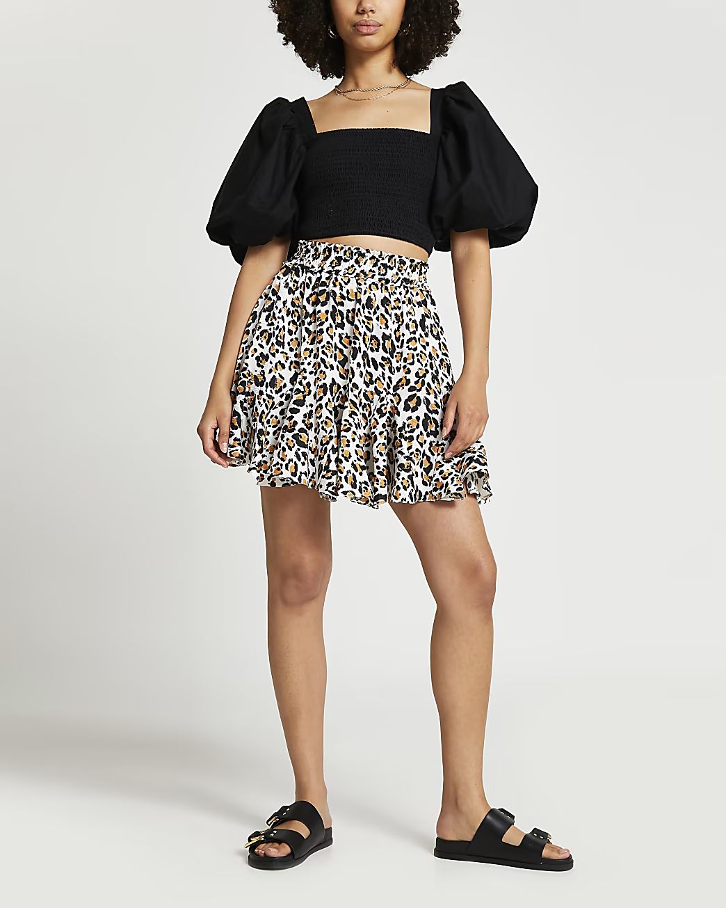 Cream leopard mini flounce skirt | River Island (UK & IE)