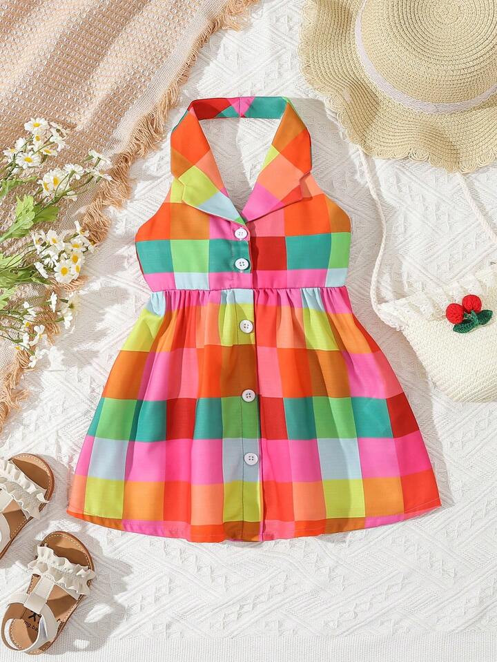 Baby Girl Plaid Print Button Front Halter Dress | SHEIN