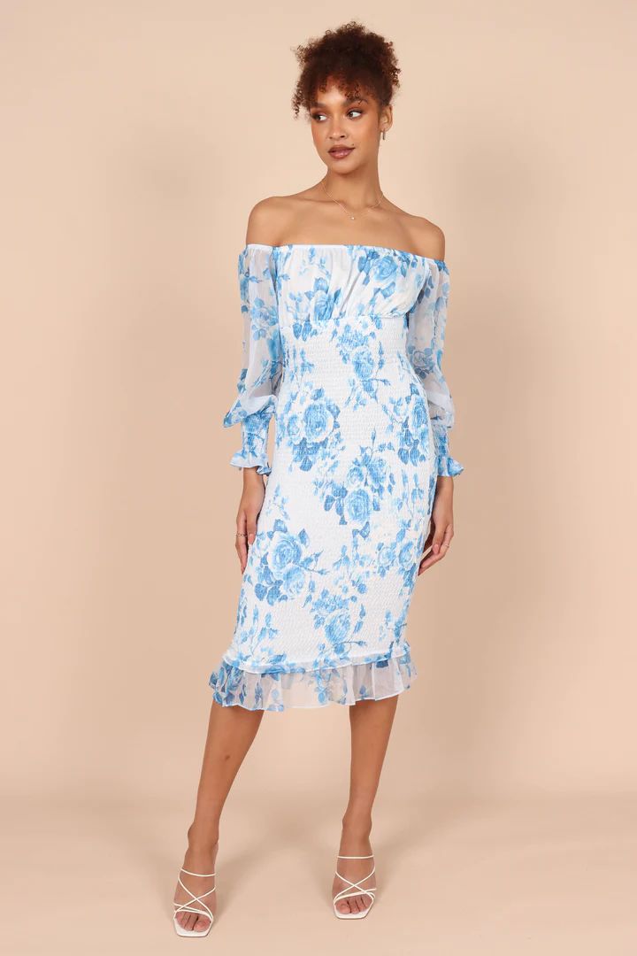 Affie Off Shoulder Midi Dress - Blue Floral | Petal & Pup (US)