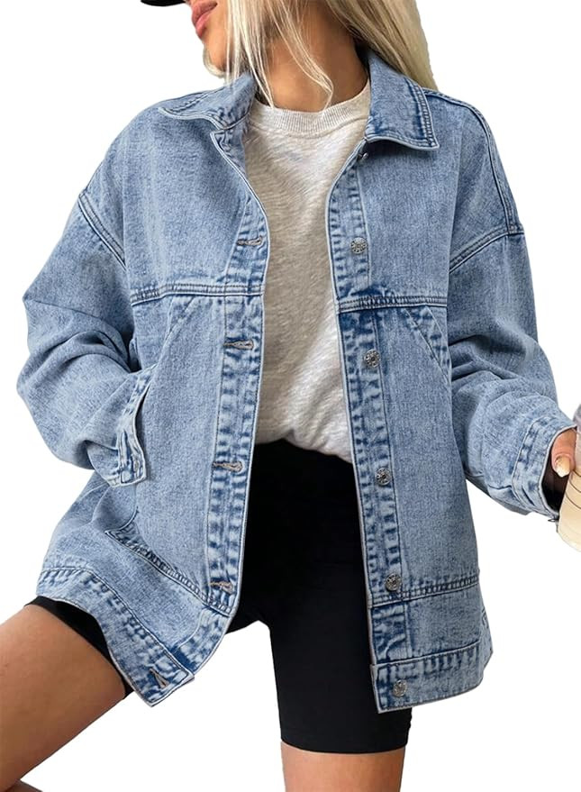 SHEWIN Womens Denim Jacket Casual Long Sleeve Drop Shoulder Button Front Jean Jacket Coat With Po... | Amazon (US)