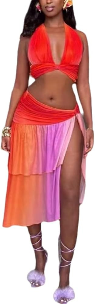 Wuitrie Women Summer Vocation Outfits Halter Camisole Mini Split Pleated Skirts Contrast Color 2 ... | Amazon (US)