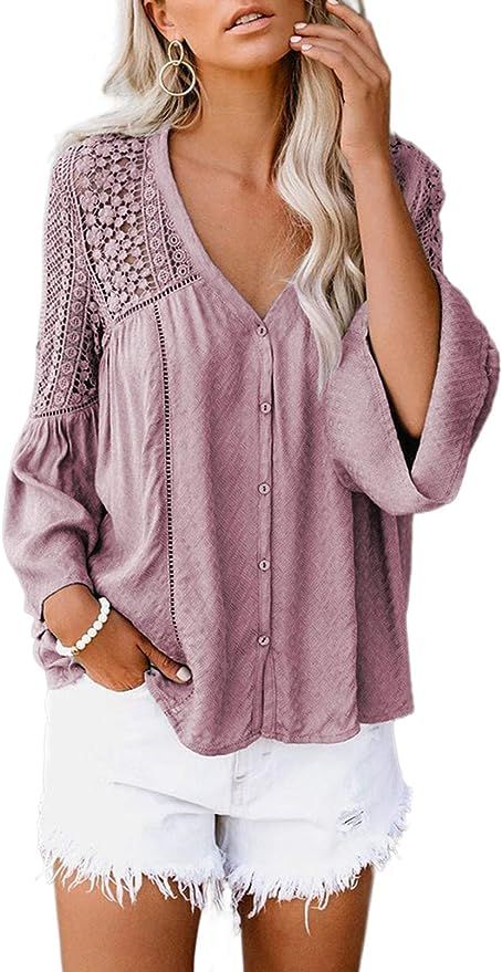 CANIKAT Women's V Neck Lace Crochet Flowy Bell Sleeve Button Down Casual T Shirts Blouses Tops | Amazon (US)