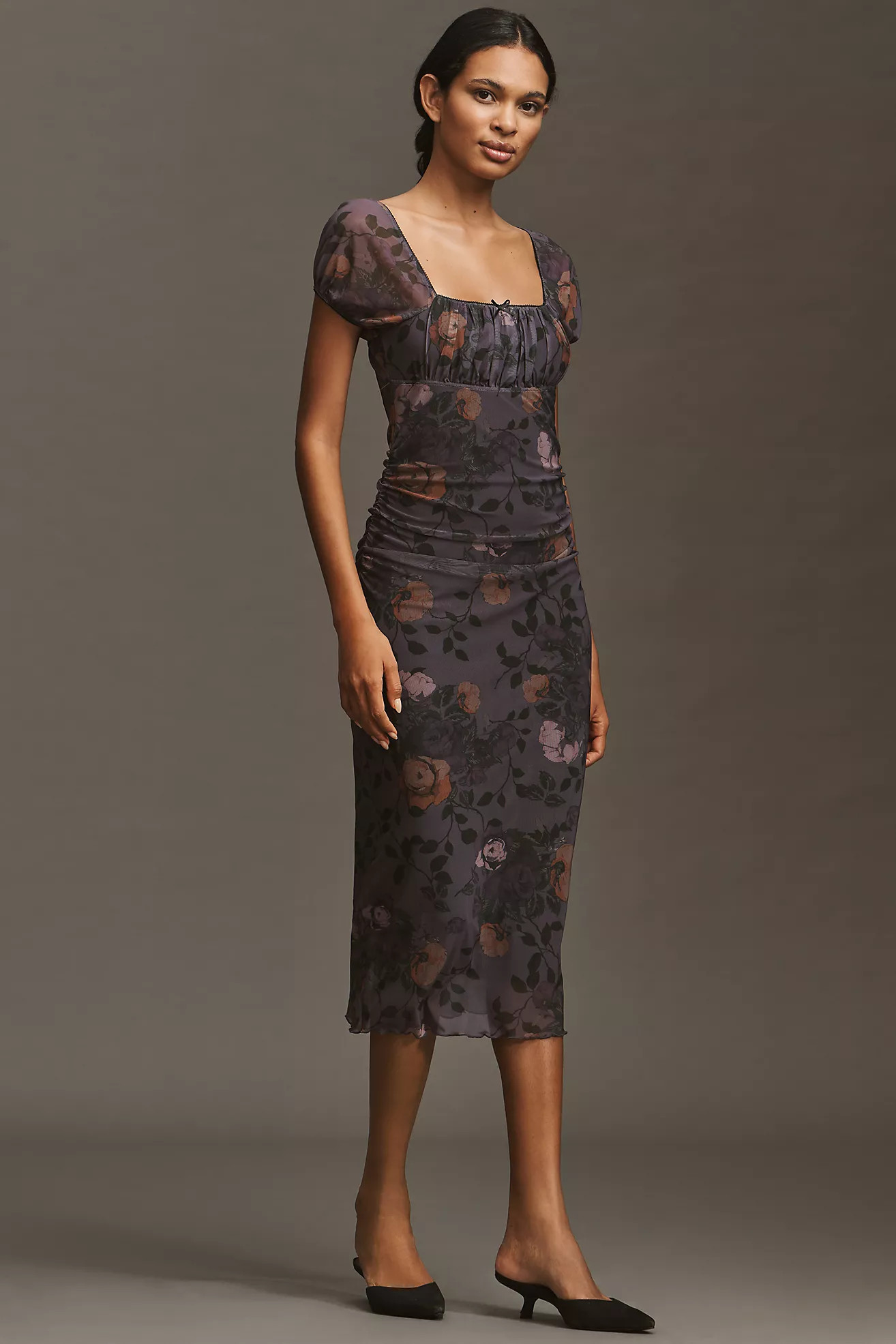 Maeve Puff-Sleeve Square-Neck Mesh Midi Dress | Anthropologie (US)