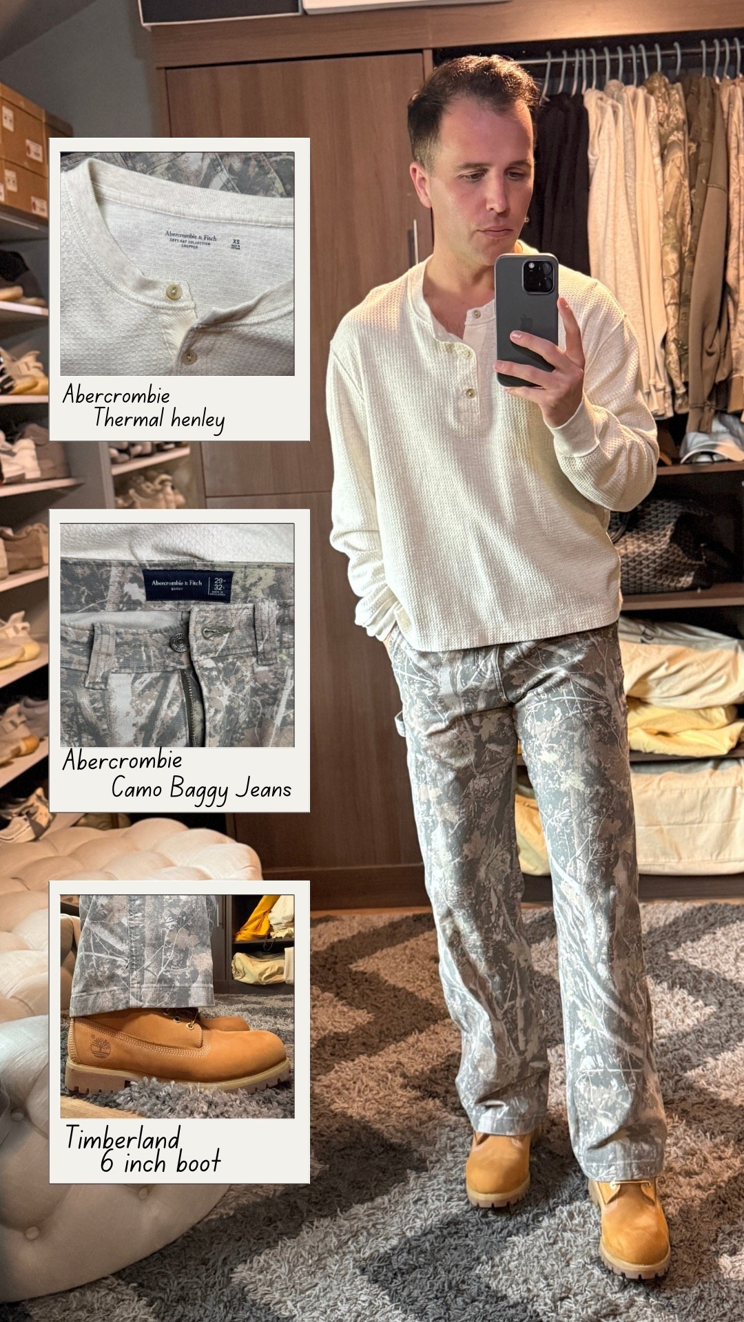 Rainy Monday outfit.. Keeping it simple and comfortable for a gloomy start to the week. I went with a classic thermal henley from Abercrombie paired with their camo baggy jeans and Timberland 6 Inch Premium Waterproof Boots which are perfect for wet weather days. Sprayed with the spray to enforce that waterproofness. This is one of those easy casual outfits that works great for running errands, casual days out, or just staying comfortable when the weather isn’t great. #timberland #camo #abercrombie #casualoutfit #cashalstyle

#LTKWorkwear #LTKootd #LTKMens