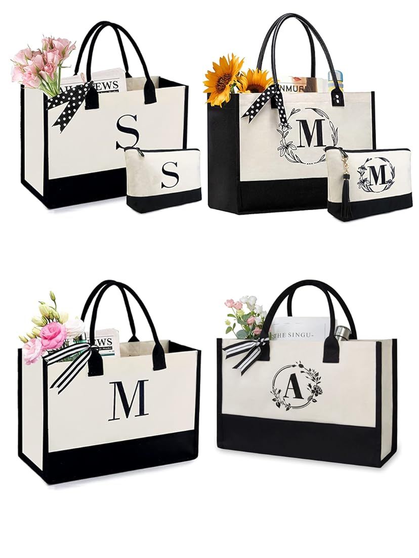 BeeGreen Personalized Gifts for Christmas Birthday Initial Canvas Tote Bag with Makeup Bag Monogram Tote Bags for Women | Amazon (US)