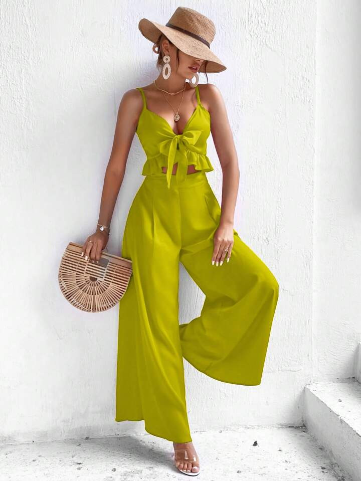 SHEIN VCAY Solid Color Ruffle Hem Tie Back Crop Top With Wide Leg Pants Set | SHEIN USA | SHEIN