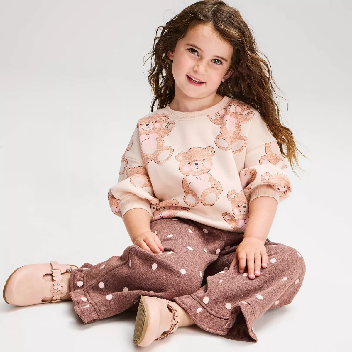 Toddler Girls' Bear Print Fleece Top & Pants Set 2pc - Cat & Jack\u2122 Cream/Brown 3T | Target