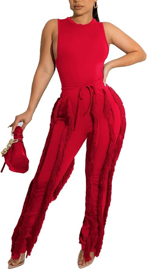 Vakkest Women's 2 Piece Outfits Sleeveless Tanks Top High Waist Fringe Long Pants Casual Tassels ... | Amazon (US)