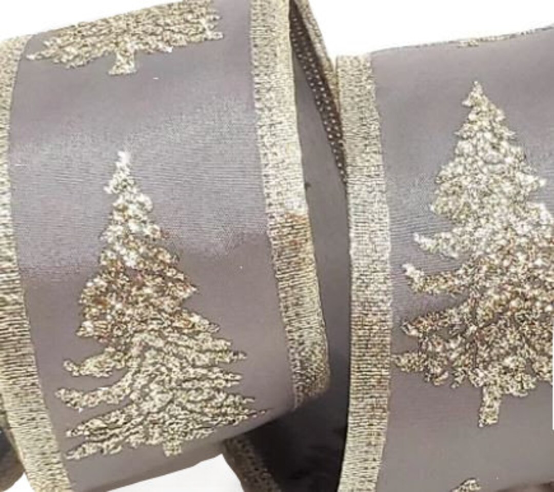 1.5" or 2.5" Wired Christmas Ribbon Gray With Champagne Glitter Holiday Trees - 30 Feet! - Etsy | Etsy (US)