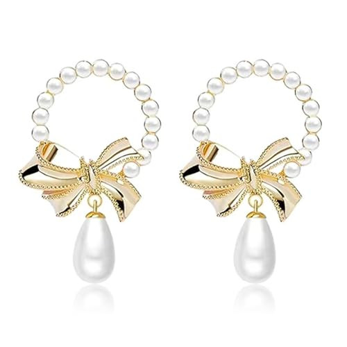 Gold Pearl Bow Earrings for Women Pearl Teardrop Bowknot Dangle Earrings Ribban Pearl Hoop Earrings Pearl Drop Earrings Elagant Prom Wedding Party Earrings Fashion Jewelry Gifts | Amazon (US)