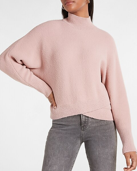 Mock Neck Dolman Sleeve Faux Wrap Hem Sweater | Express