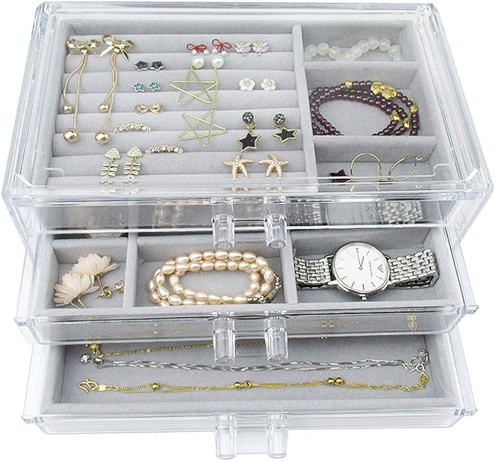 Acrylic Jewelry Box 3 Drawers, Velvet Jewellery Organizer, Earring Rings Necklaces Bracelets Disp... | Amazon (US)