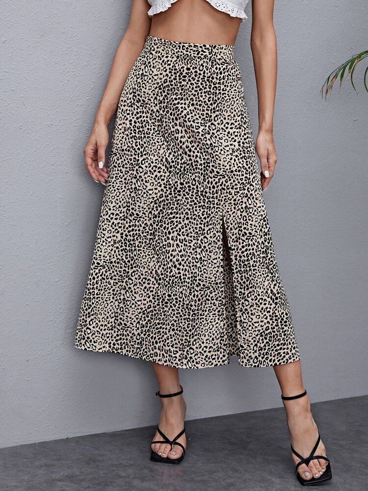 SHEIN Slit Thigh Leopard Print Skirt | SHEIN