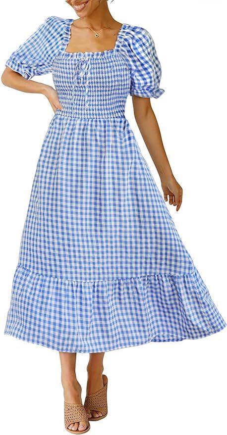 KIRUNDO Women's Summer Casual Puff Sleeve Square Neck Elastic Waist Plaid Dress Tie Back Bow Smoc... | Amazon (US)