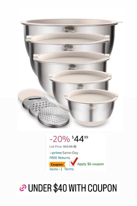 Amazon mixing bowl set with bpa free airtight lids, 3 grater attachments, nonslip silicone bottoms, measuring scale on inside, and nesting feature for storage. 

#LTKfindsunder50 #LTKfamily #LTKhome