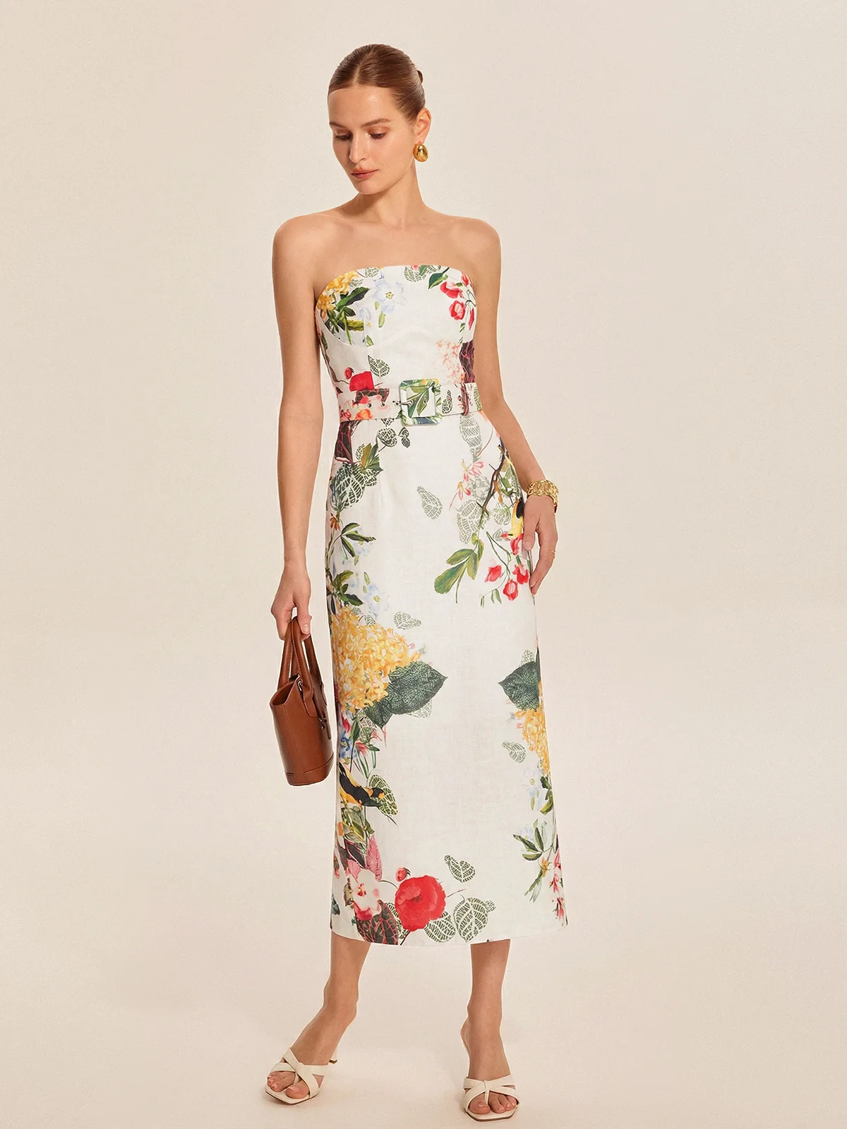 Strapless Belted Floral Print Maxi Dress | Commense
