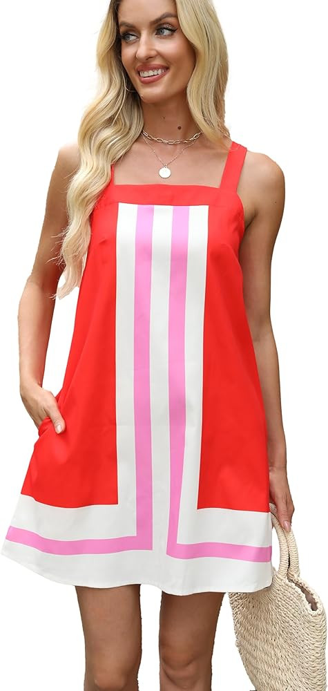 Fiona Jolin Women's Striped Mini Dress Boho Shoulder Strap Sundress Summer Cover Up Dress for Bea... | Amazon (US)