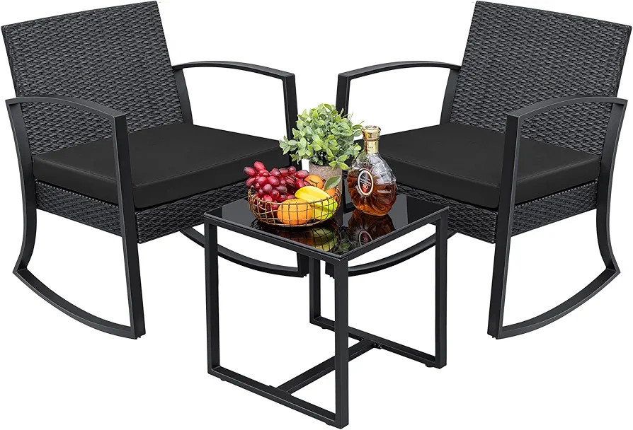 Greesum 3 Pieces Outdoor Furniture Set Patio Bistro Rocking Chairs with Glass Coffee Table for Po... | Amazon (US)