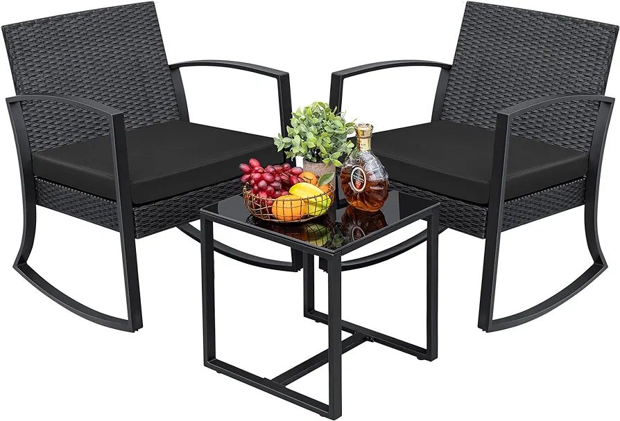 Greesum 3 Pieces Outdoor Furniture Set Patio Bistro Rocking Chairs with Glass Coffee Table for Po... | Amazon (US)