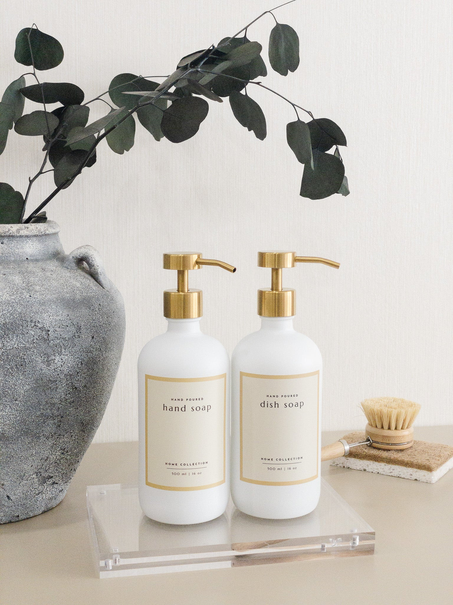 MADISON Glass Decanters with Gold Metal Pump Set of 2 | Mayfair & Co. (US)