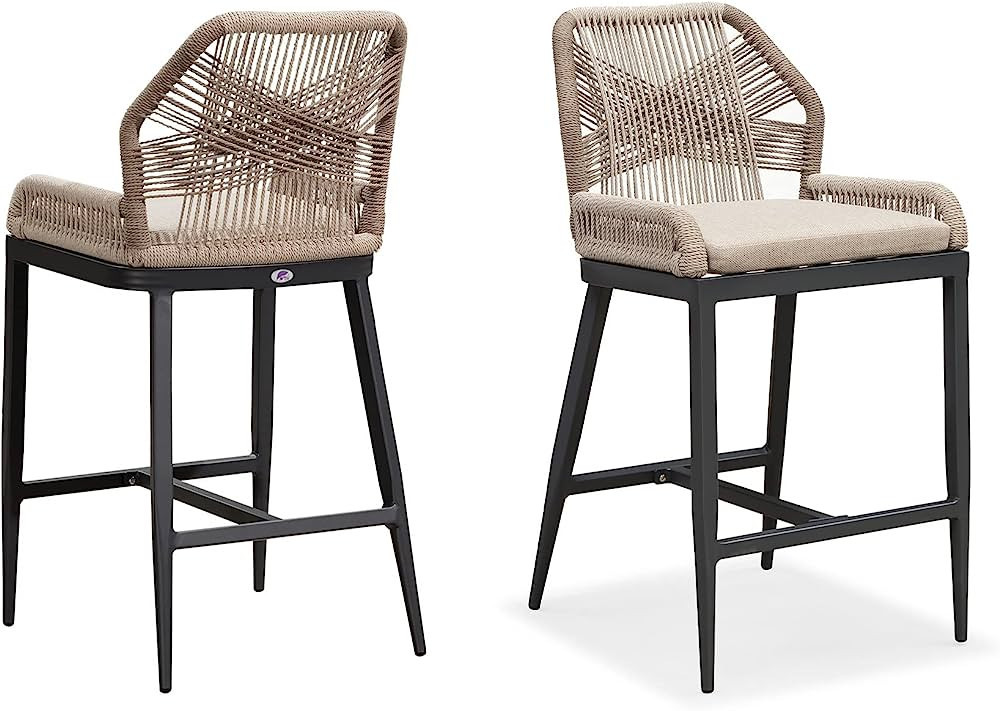 PURPLE LEAF Counter Height Bar Stools Set of 2 Rattan Wicker Outdoor Metal Boho Barstools with Ba... | Amazon (US)