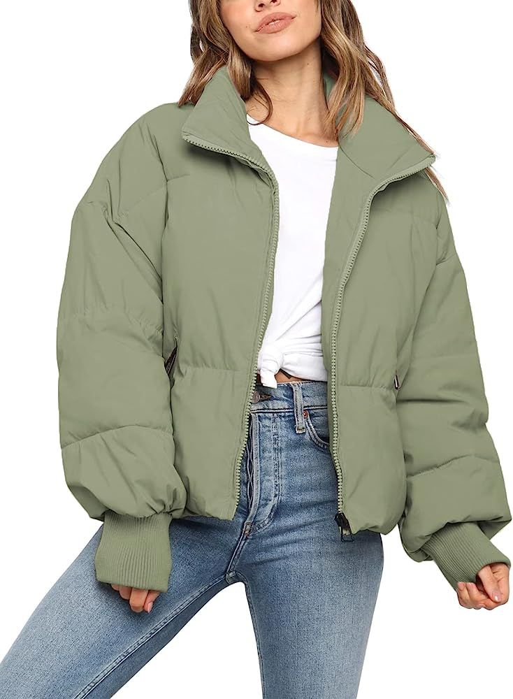 ZROZYL Women's Winter Puffer Down Jacket Long Sleeve Zipper Pockets Baggy Short Coats | Amazon (US)