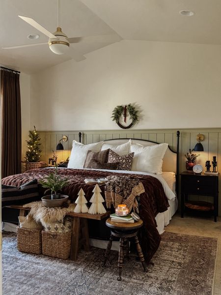 Christmas bedroom, Christmas decor,  Christmas wreath, Our primary bedroom inspiration, old-world, collected, vintage style, loloi rug, Kantha quilt, noodle bench, wooden bench, Target style, home decor, Amazon finds, black affordable nightstands, affordable home decor, budget friendly home decor, four post bed, Turkish pillows, vintage pillows, checkered throw blanket, euro pillows, four post bed, budget friendly, euro pillows, vintage candle holders, antique piano stool, collected home, brown curtains, custom drapes

#LTKstyletip #LTKhome #LTKHoliday