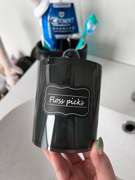 Containers for bathroom storage and they come with labels pre printed or blank to make your own. They come in clear or black. 
Bathroom
Bathroom storage
Organizer  

#LTKfindsunder50 #LTKhome #LTKfindsunder100