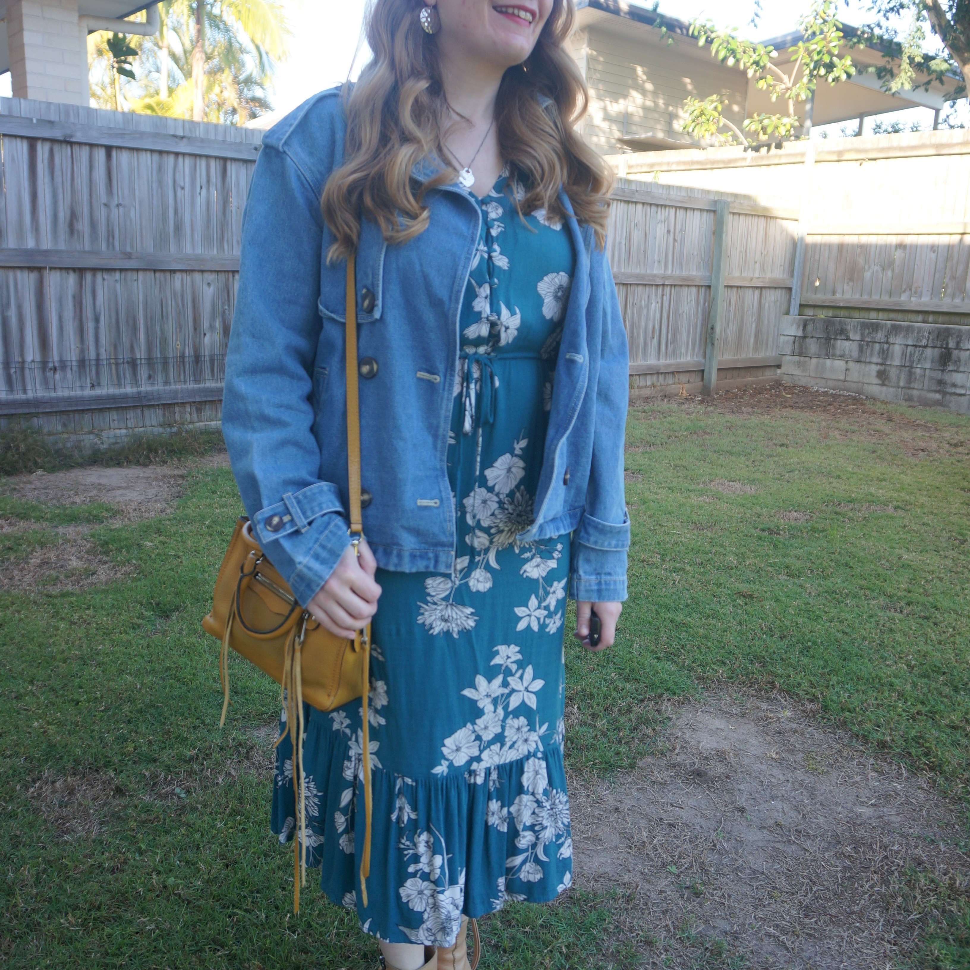 Kmart cropped denim trench coat and teal floral midi dress with Rebecca Minkoff micro Regan bag and Acne Pistol boots 💙💚💛

#LTKworkwear #LTKaustralia #LTKspring