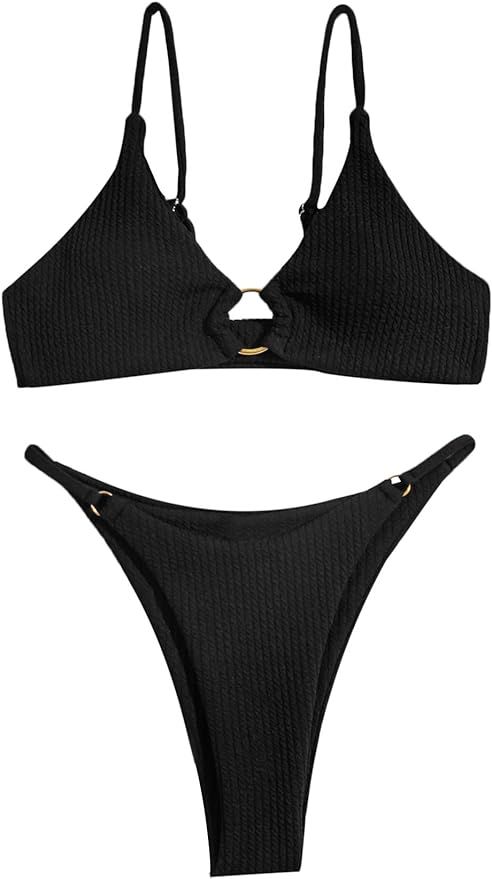 MakeMeChic Women's High Cut Triangle Thong Bikini Sets Swimsuit Sexy 2 Piece Bikini Bathing Suit | Amazon (US)