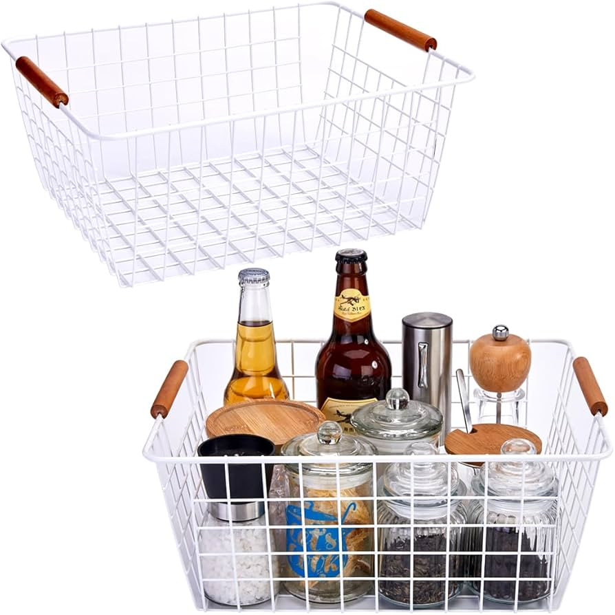LeleCAT Large white wire baskets with Wooden Handles for storage pantry, Storage Organizer Basket... | Amazon (US)