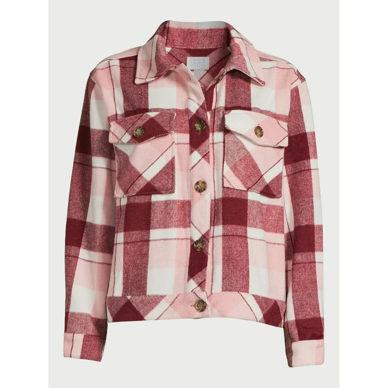 Time and Tru Women’s Plaid Button Down Cropped Shacket, Sizes XS-XXXL | Walmart (US)