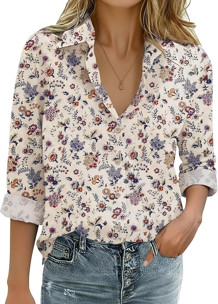Zeagoo Womens Cotton Linen Button Down Shirts Loose Fit Long Sleeve Collared Blouse Casual V Neck... | Amazon (US)