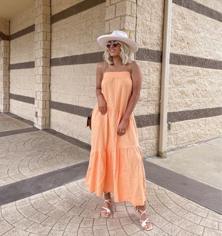 One of my favorite colors this summer! 🧡 Wesring size S in this orange #abercrombie maxi dress! Paired with a #lackofcolor hat & #dolcevita sandals. Dress is also on sale! Xo 

#LTKsalealert #LTKshoecrush #LTKstyletip