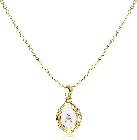 Krfy Initial Necklaces for Women - Dainty 14K Gold Plated Charm Necklaces Oval Letter White Ename... | Amazon (US)