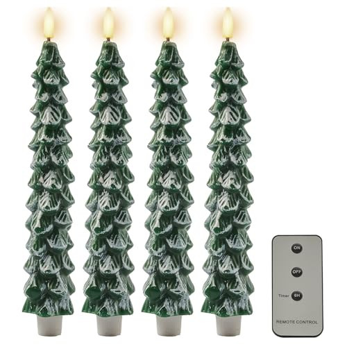 DN DECONATION 4PCS Christmas Tree Tall Candlesticks with Remote, LED Christmas Flameless Taper Candles Battery Operated, Frosted Tree Fake Candle Sticks for Xmas Table Decor Window Decorations | Amazon (US)