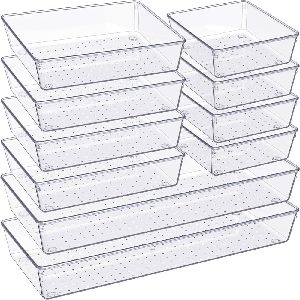 Criusia Drawer Organizer, 10 Pack Large Clear Plastic Kitchen Drawer Organizers Set, 3 Size Versa... | Amazon (US)