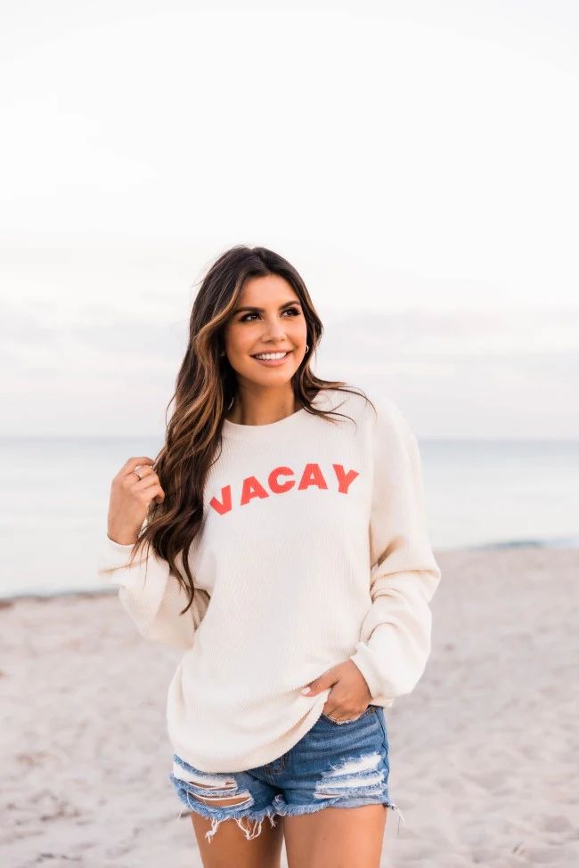 VACAY Block Graphic Corded Ivory Sweatshirt | The Pink Lily Boutique