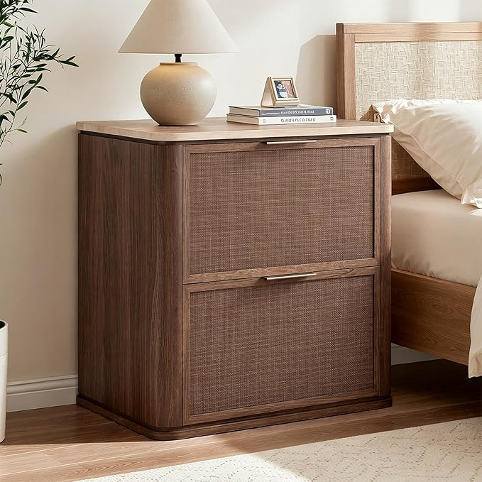 Night Stand, 23.11" W Rattan Nightstand with 2 Drawers, Faux Marble Top Bedside Table, Boho Mid C... | Amazon (US)