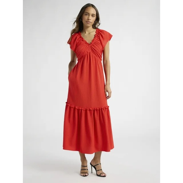 Sofia Jeans Women's and Women's Plus V Neck Dress with Flutter Sleeves, Below Calf Length, Sizes ... | Walmart (US)