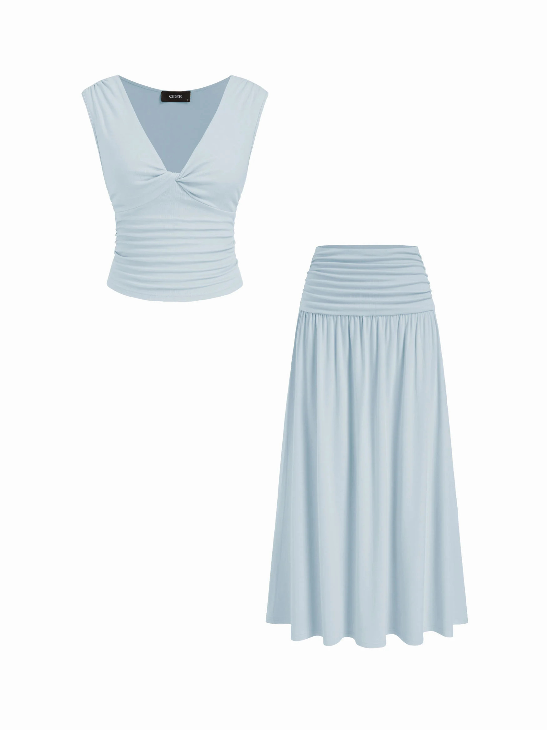 V-neck Twist Ruched Top & Mid Rise Ruched Flared Maxi Skirt Set | Cider