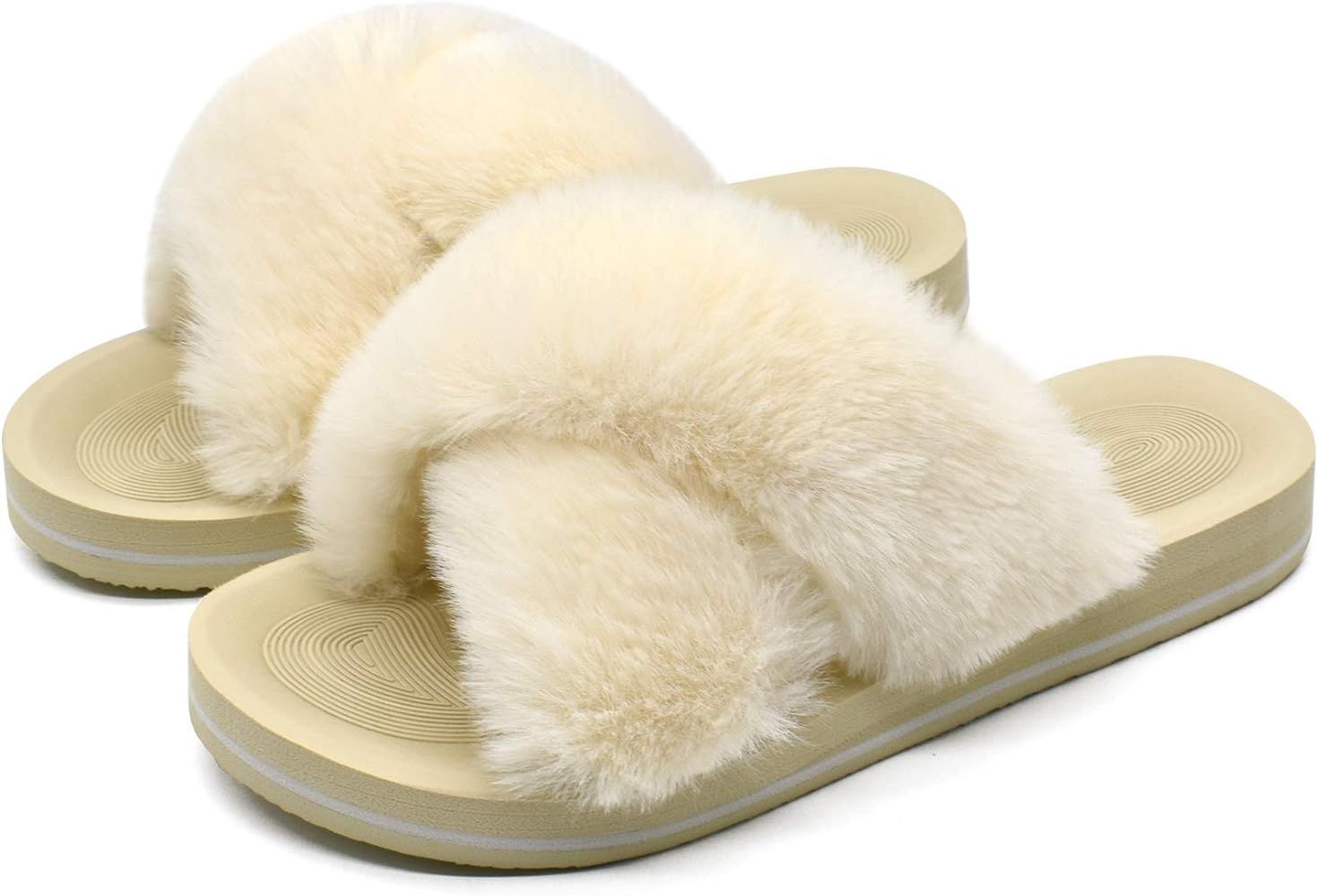 COFACE Womens Fuzzy Slides Fluffy Faux Fur Cross Slippers Open Toe Yoga Mat House Slippers Sandals W | Amazon (US)