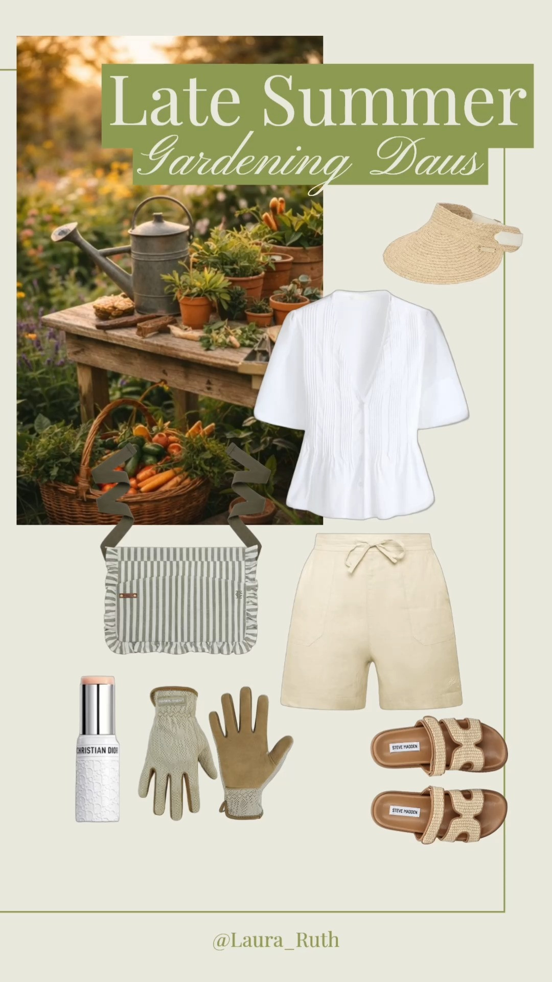 There's something so charming about a classic gardening outfit in late summer. 🌿 A romantic white blouse, oatmeal linen shorts, a striped green apron and natural raffia accessories make the simplest days in the garden feel effortlessly beautiful. Comfortable enough for an afternoon of harvesting and tending to blooms, yet timeless enough you'll reach for these pieces year after year. 

 #LTKuk #LTKsummer #LTKstyletip