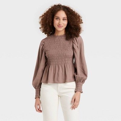 Women&#39;s Long Sleeve Smocked Top - A New Day&#8482; Brown S | Target