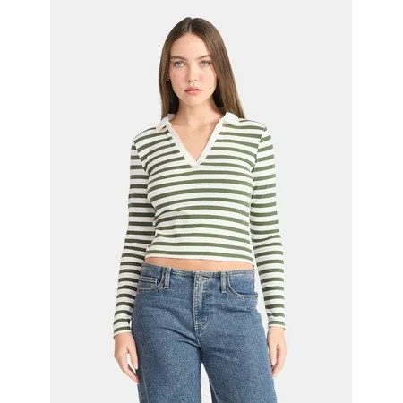 No Boundaries Johnny Collar Tee with Long Sleeves, Women's | Walmart (US)
