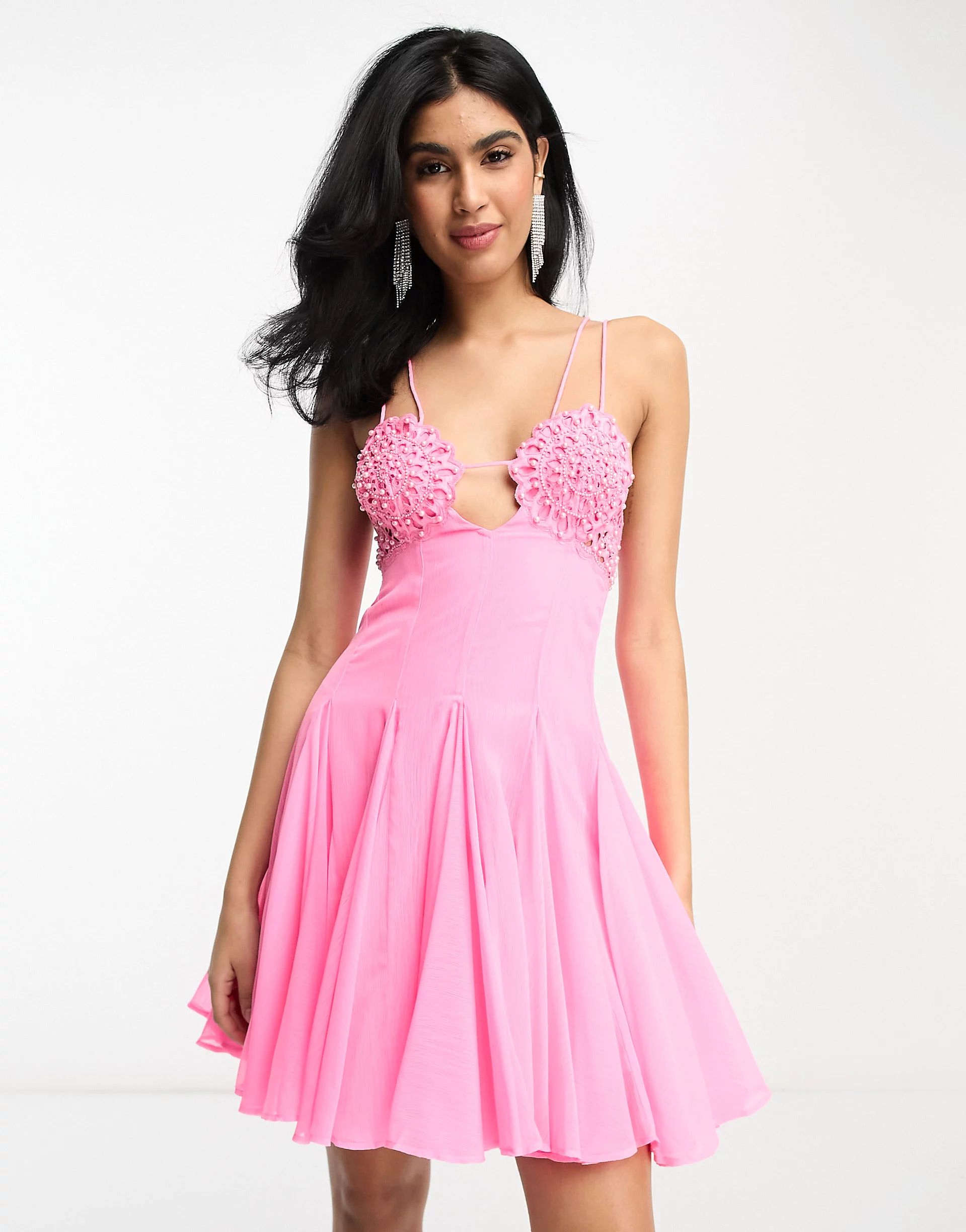 ASOS DESIGN embellished crochet cut out mini skater dress with flare in bright pink | ASOS | ASOS (Global)
